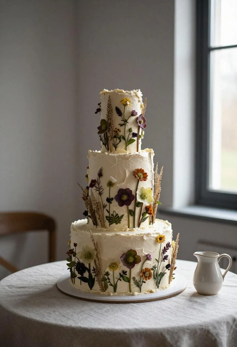 Rustic three-tier wedding cake with wasabi-colored hellebores and dried grasses in a cottagecore setting