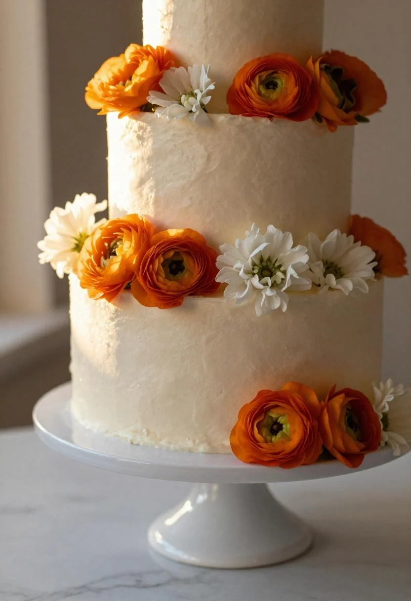 Wedding cake top adorned with vivid persimmon ranunculus and white wildflowers on fluted ceramic stand