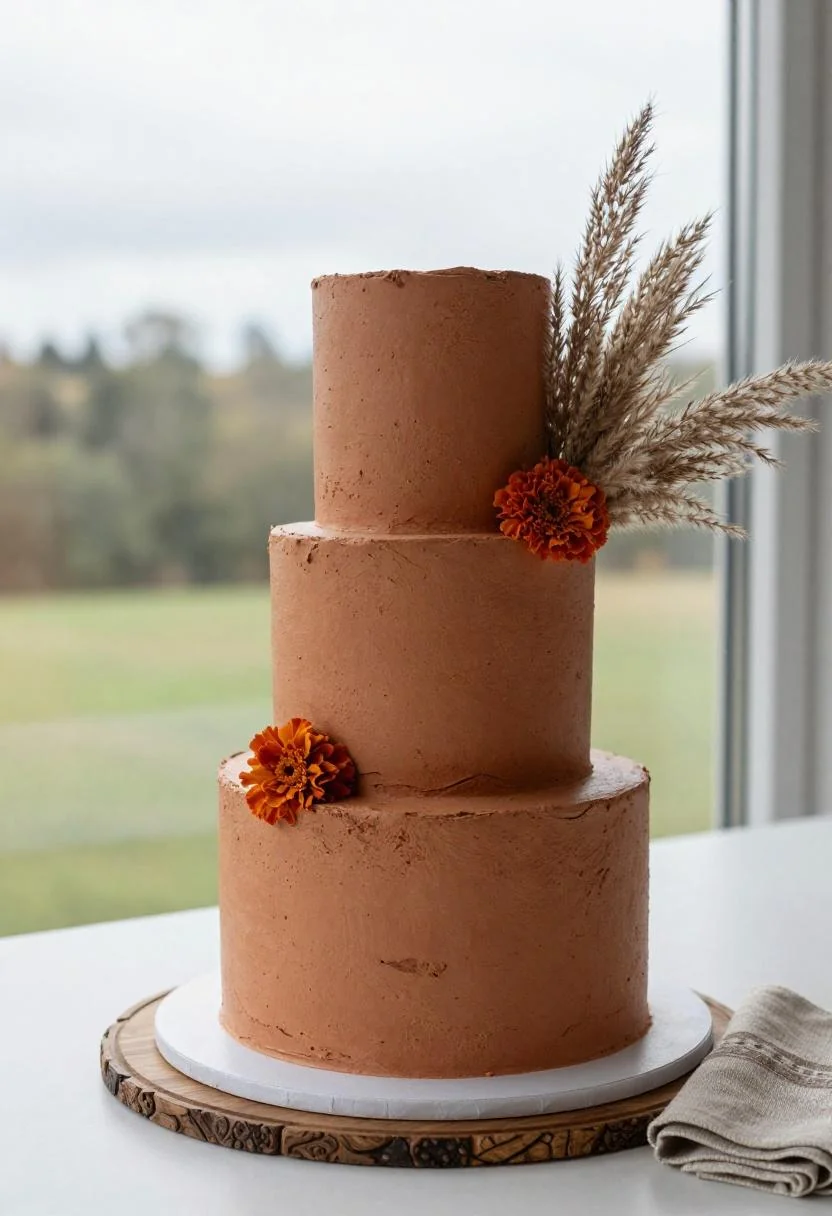 Terracotta fondant wedding cake with marigolds and pampas grass in an Afrohemian-inspired tableau