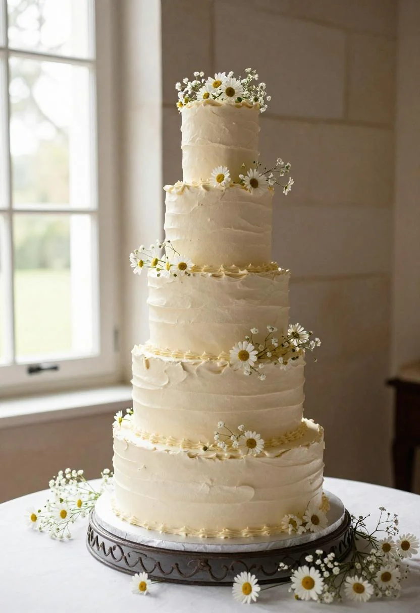Minimalist five-tier cream wedding cake with chamomile and baby's breath on a vintage iron stand