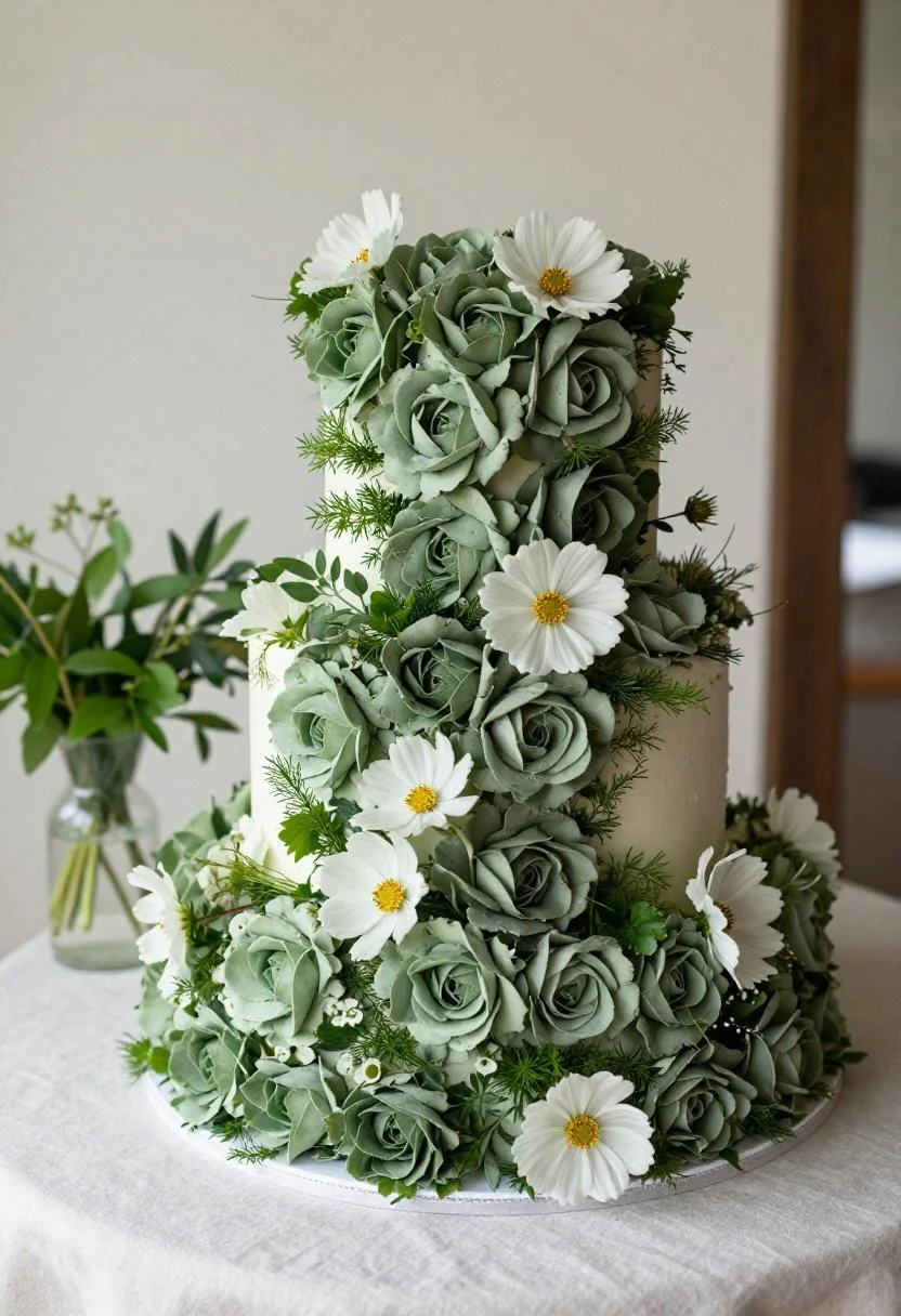 Overhead view of a sage-adorned single-tier wedding cake with sedum rosettes and cosmos flowers