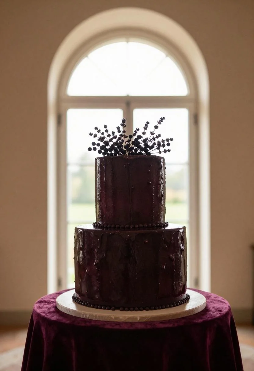 Mirror-glaze plum wedding cake with dried lavender crown in a Neo Deco velvet setting