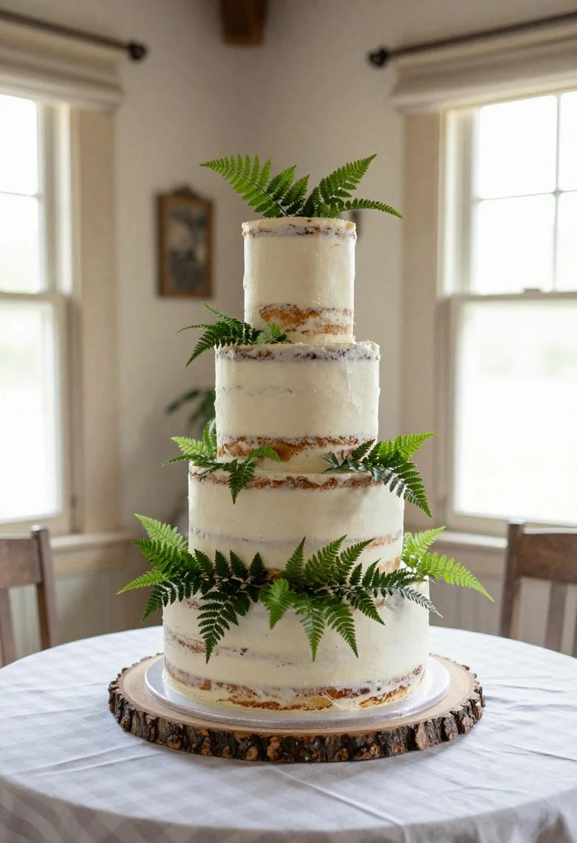 Semi-naked wedding cake with jade maidenhair ferns tucked between tiers on a gingham-covered table