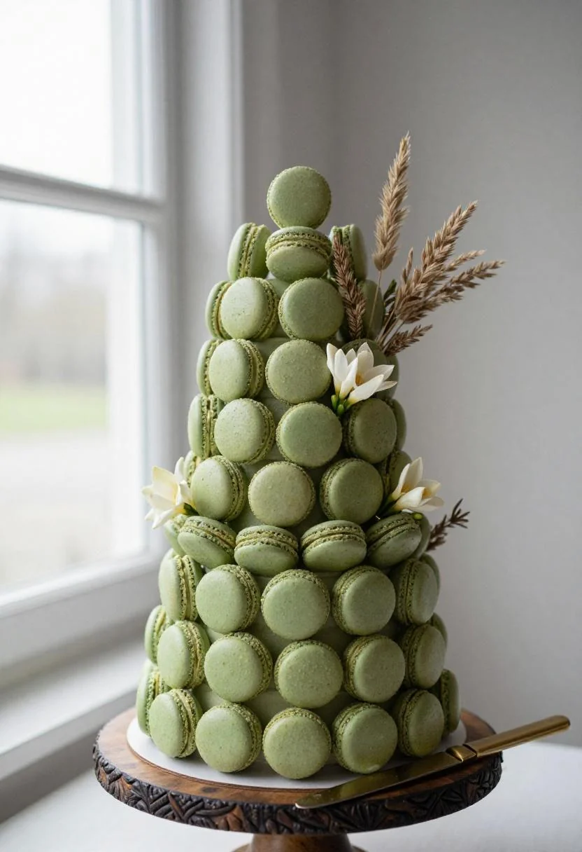Wasabi-colored macaron tower with dried grasses and freesia on a carved ebony board