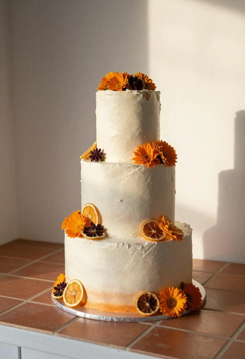 Ombre wedding cake fading to persimmon with dried orange slices and calendula on terracotta tile