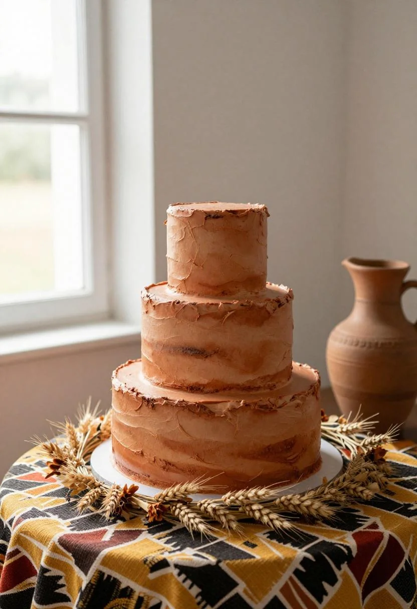 Terracotta-brushed wedding cake with strawflower wreath on a kente-cloth table in an Afrohemian scene
