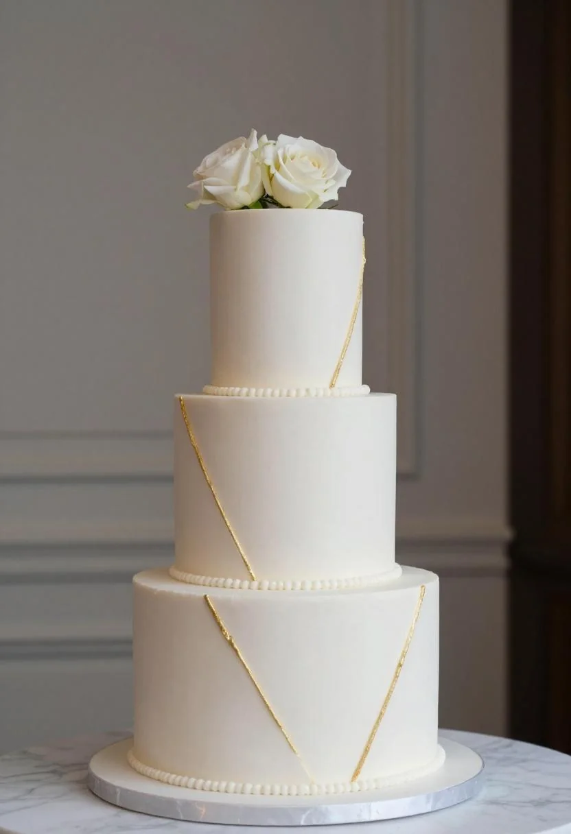 Neo Deco cream fondant wedding cake with gold leaf geometry and a single white garden rose on marble
