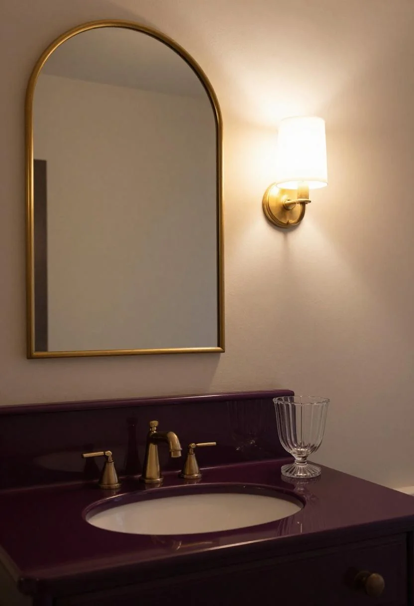 Neo Deco vanity in plum noir lacquer with brass arched mirror and fluted glass sink