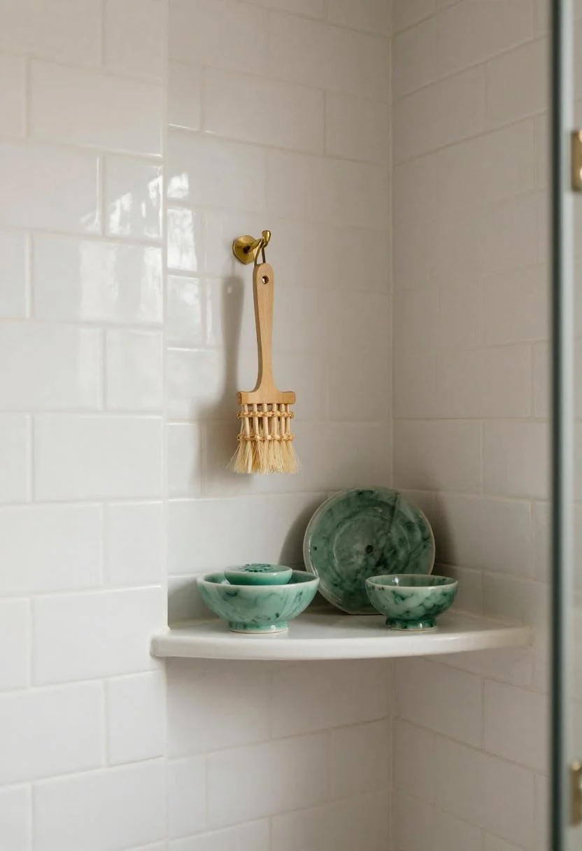 Jade green ceramic soap dishes in a spa shower niche with bamboo accents