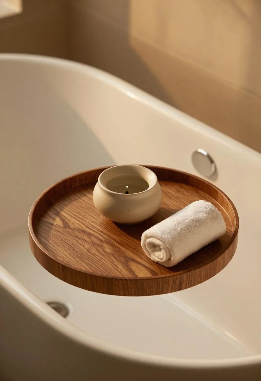 Walnut bath tray with wasabi-glazed ceramic diffuser for a minimalist spa bathroom moment