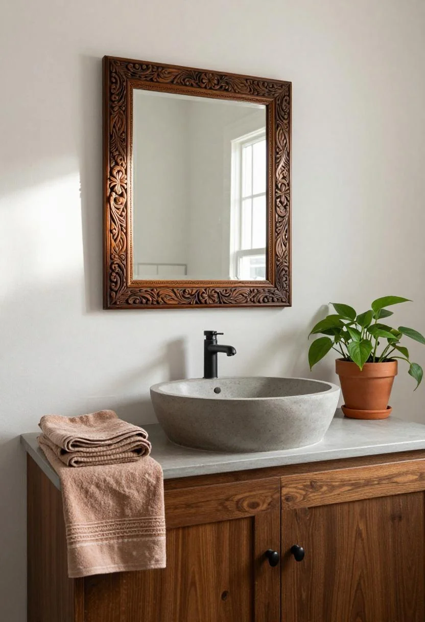 Afrohemian bathroom with carved mahogany mirror and persimmon mudcloth towel accents