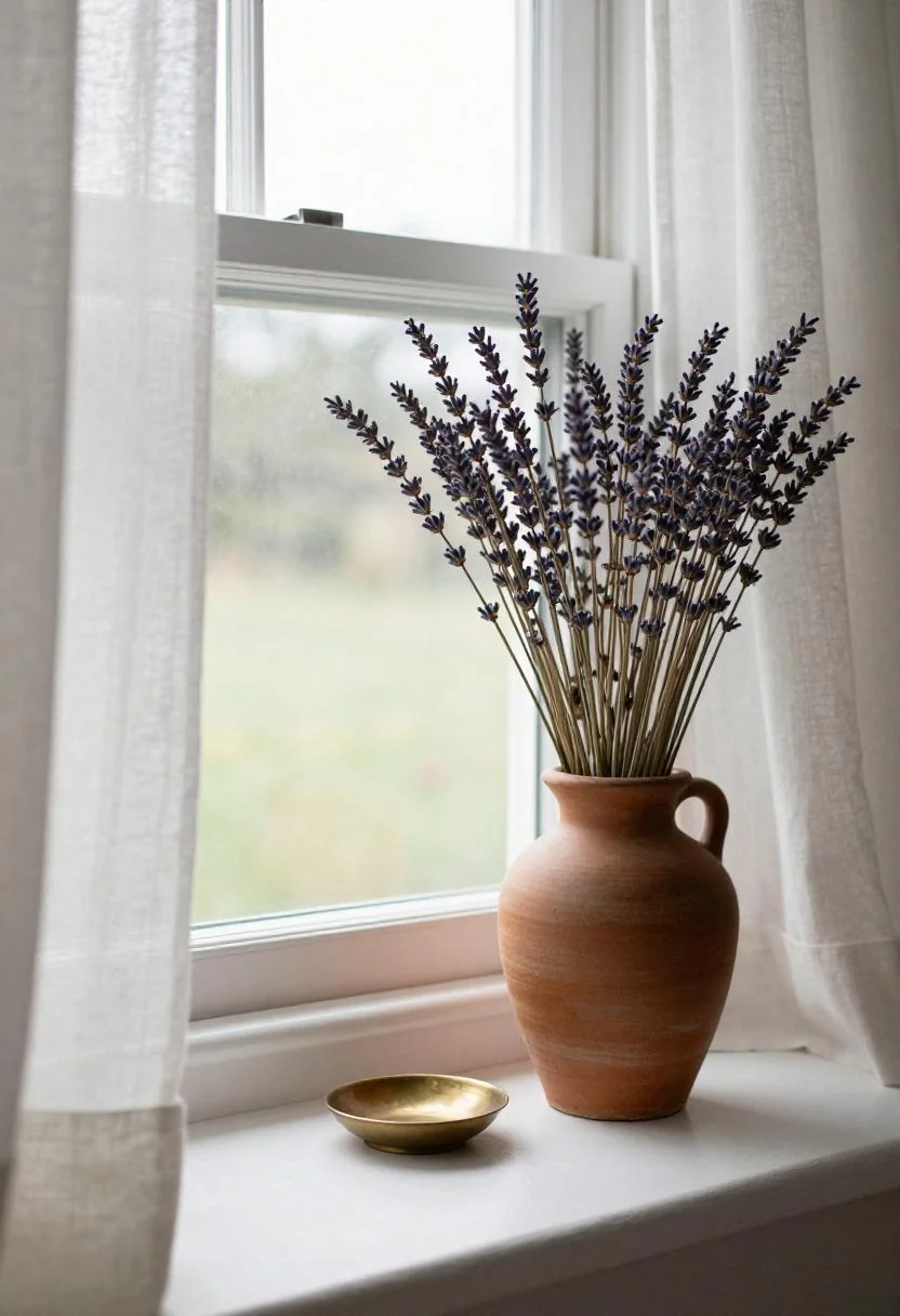 Cottagecore bathroom windowsill with terracotta vase and dried lavender beside vintage brass details