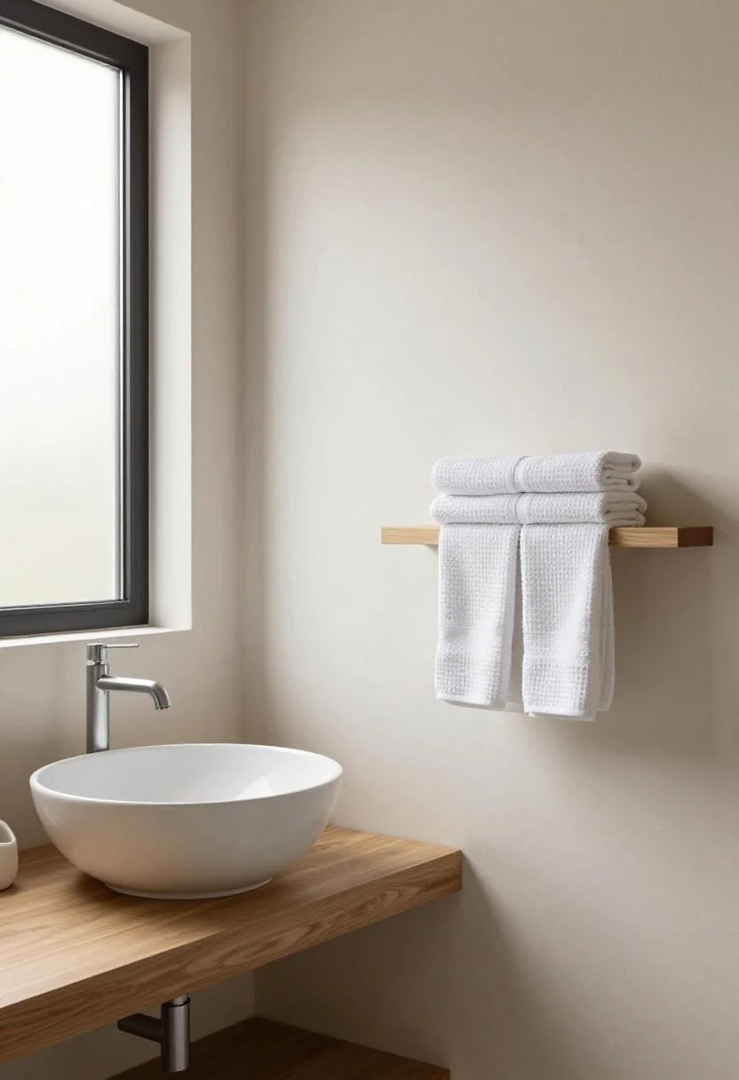 Minimalist limewash bathroom with floating oak vanity and cream white waffle towels