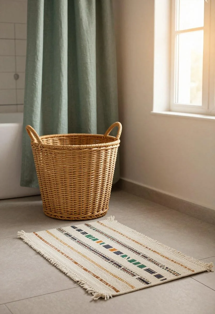 Afrohemian bathroom corner with kente-patterned mat, rattan basket, and sage green linen curtain