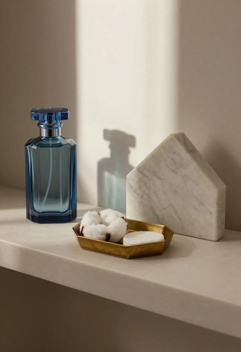 Neo Deco bathroom shelf with cool blue fluted glass and brass geometric tray details