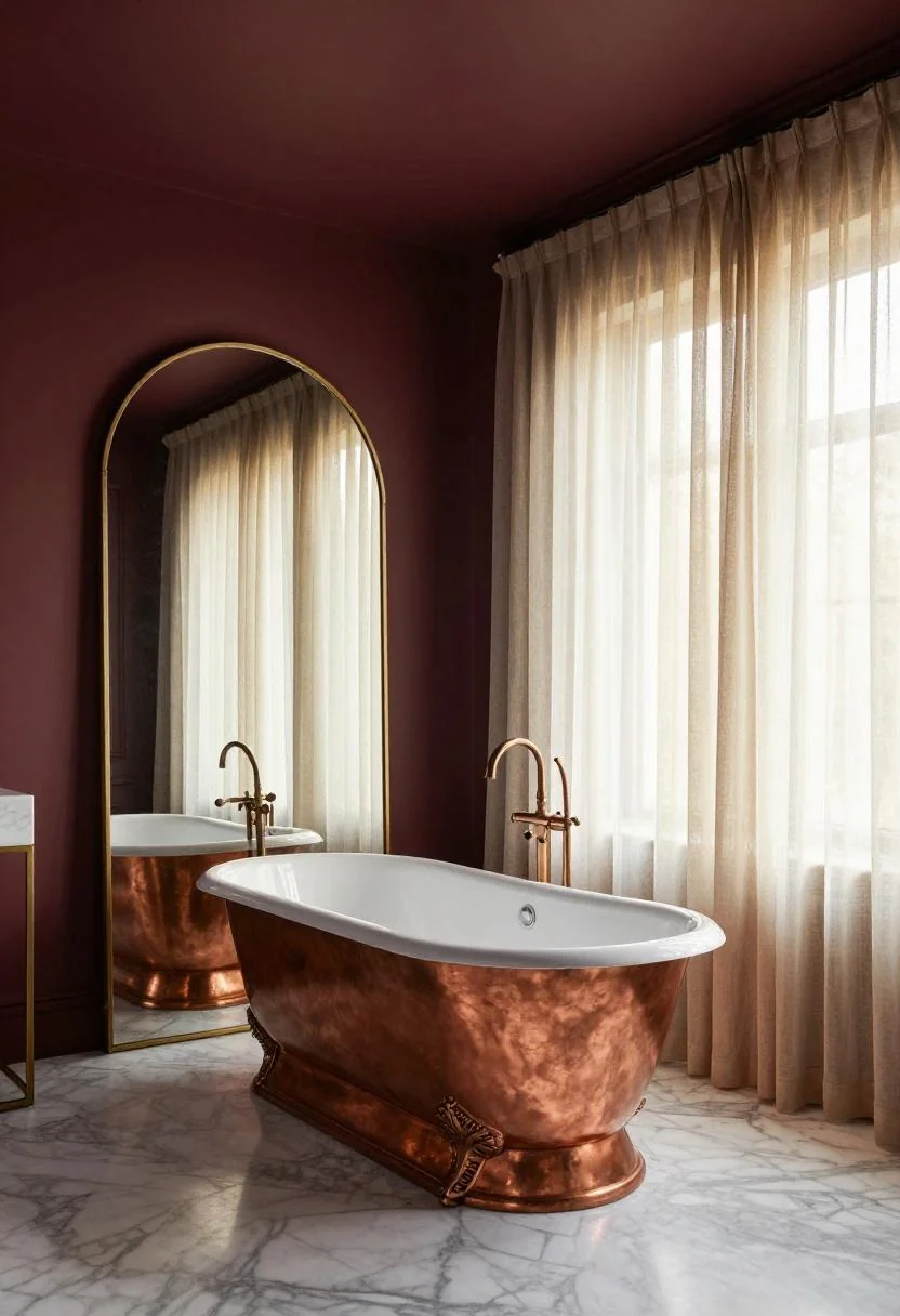Maximalist spa bathroom with plum noir ceiling, copper clawfoot tub, and arched brass mirror