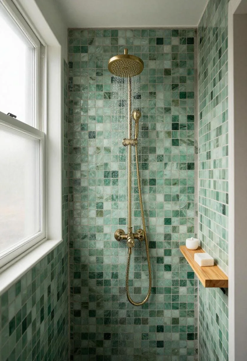 Walk-in spa shower with jade zellige tiles and brass rainfall showerhead for a resort bathroom feel