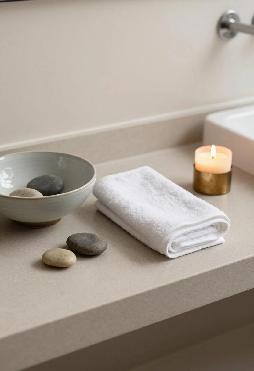 Spa bathroom flat lay with wasabi ceramic bowl, river stones, and lit beeswax candle