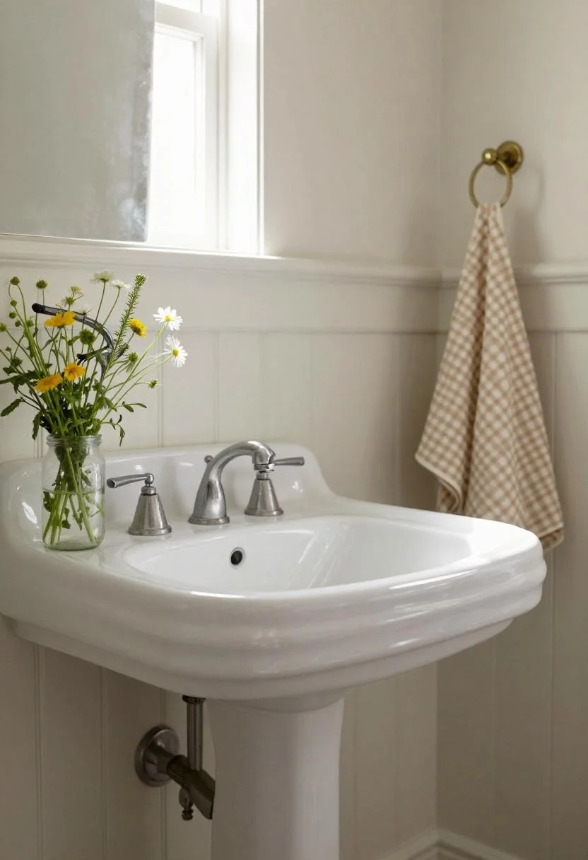 Cottagecore bathroom with persimmon tongue-and-groove walls, pedestal sink, and wildflower jar