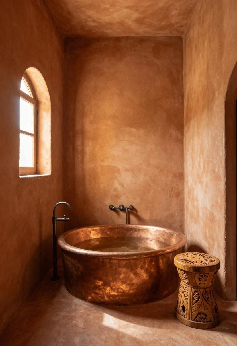Afrohemian hammam bathroom with terracotta plaster walls and copper basin soaking tub
