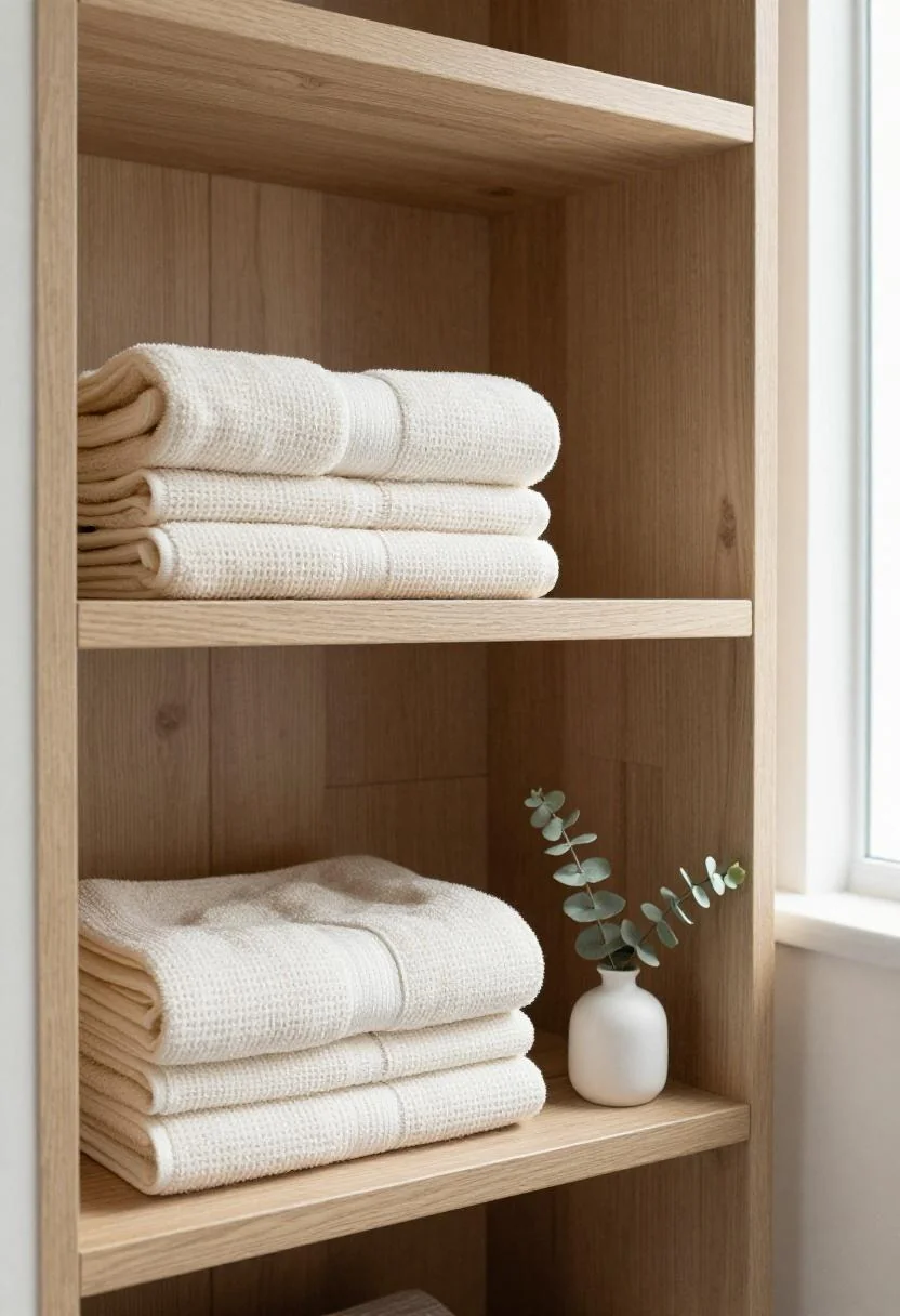 Cream white spa linen niche with stacked waffle towels and ceramic eucalyptus holder