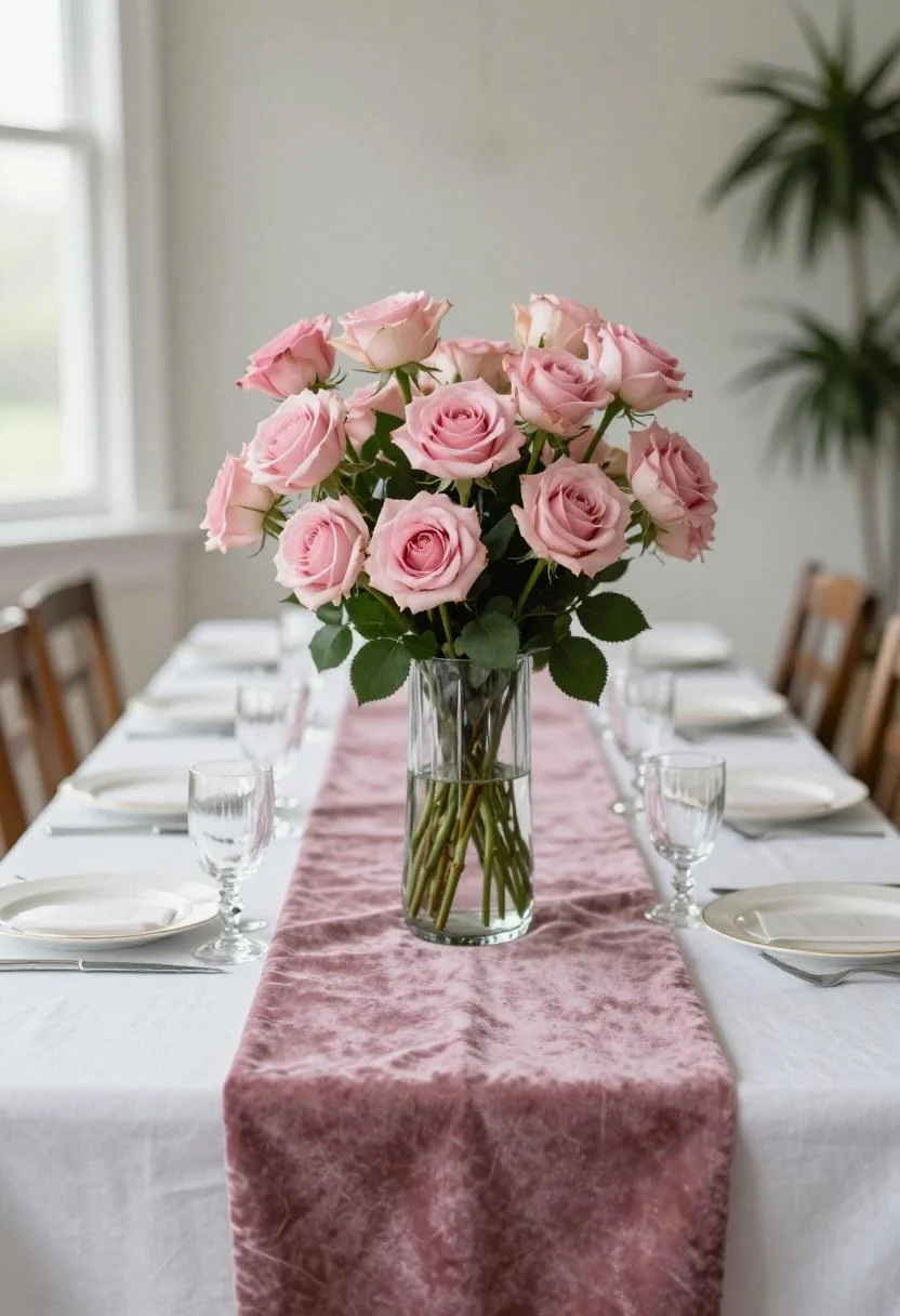 Fluted glass vase with garden roses on a plum noir velvet table runner