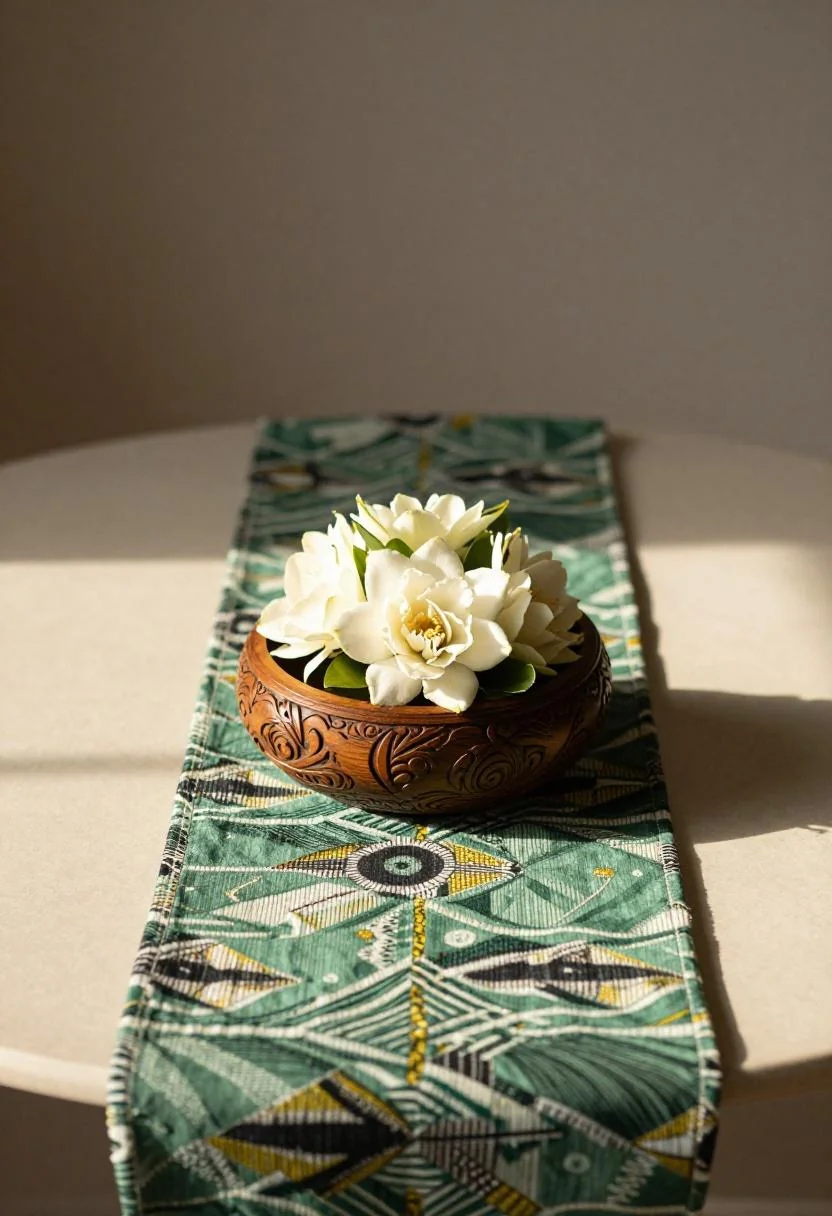 Carved mahogany bowl with gardenias on a jade green kente textile runner