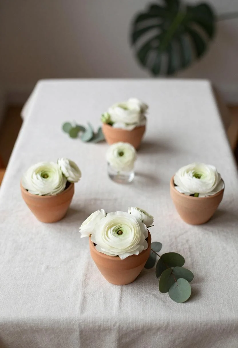 Terracotta bowls with ranunculus and wasabi green eucalyptus on raw linen