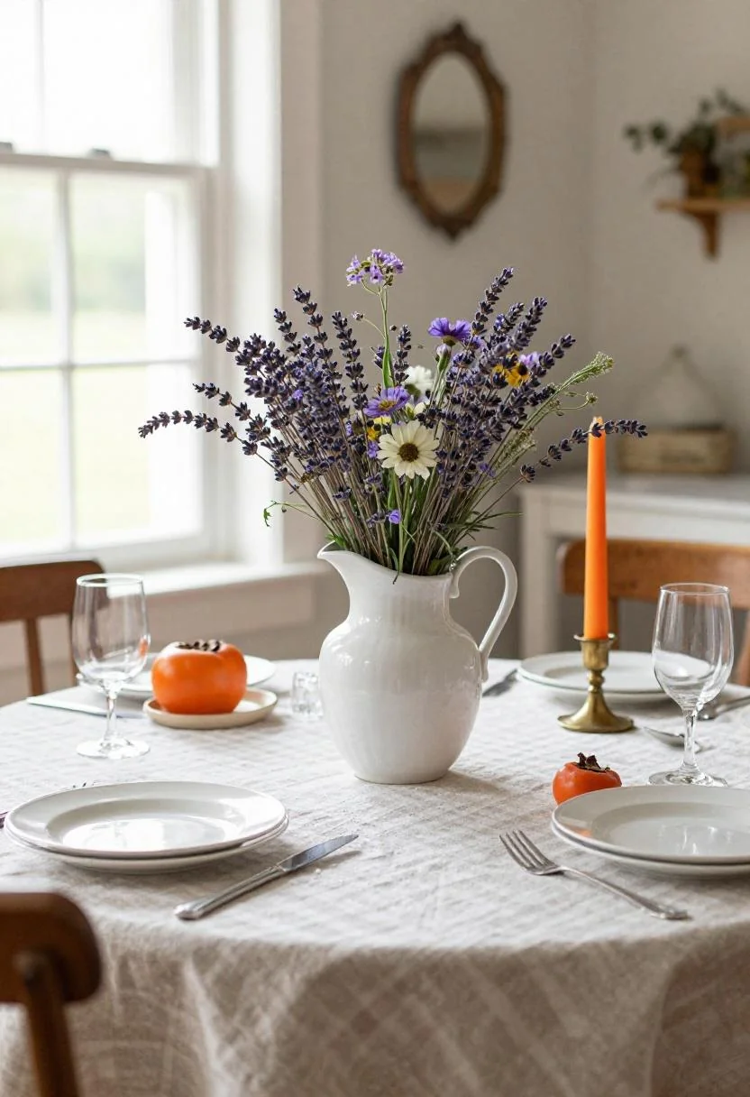 Vintage ceramic pitcher with wildflowers beside a persimmon taper candle on gingham linen