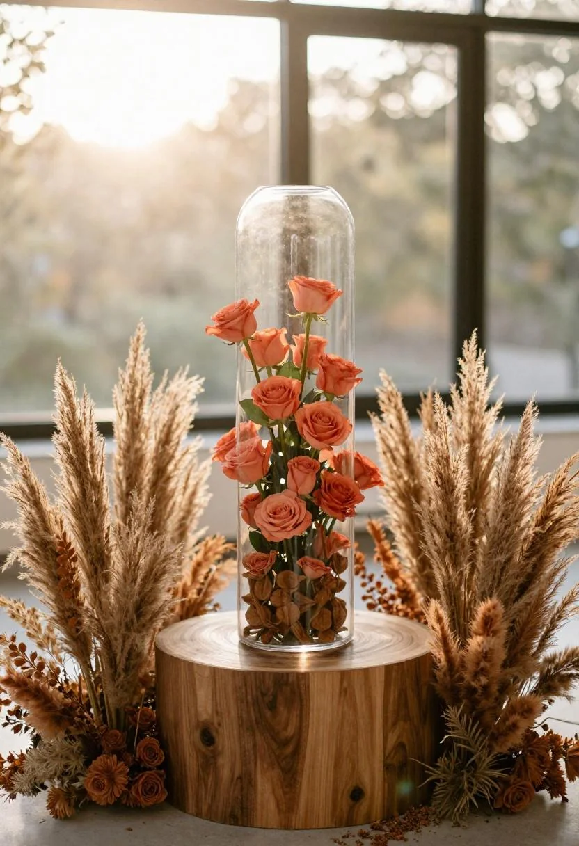 Glass vessel with coral roses on a walnut wood slice base with terracotta pampas grass fronds