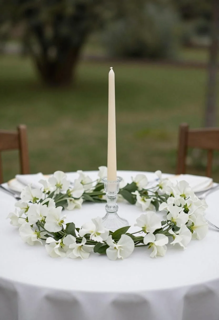 Cream pillar candle in frosted glass hurricane holder with white sweet pea wreath