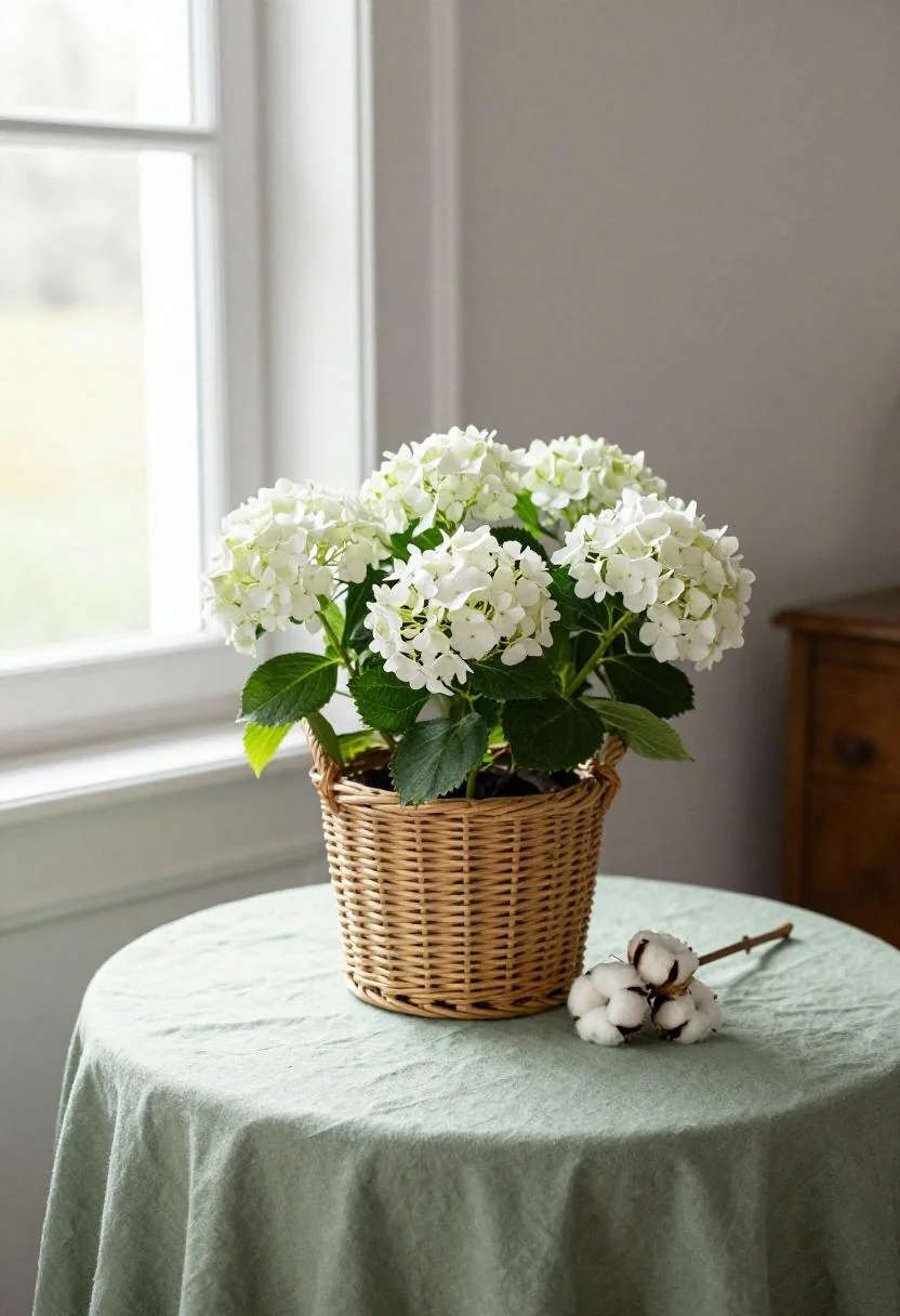 Rattan basket with white hydrangea on sage green linen with a dried cotton stem accent