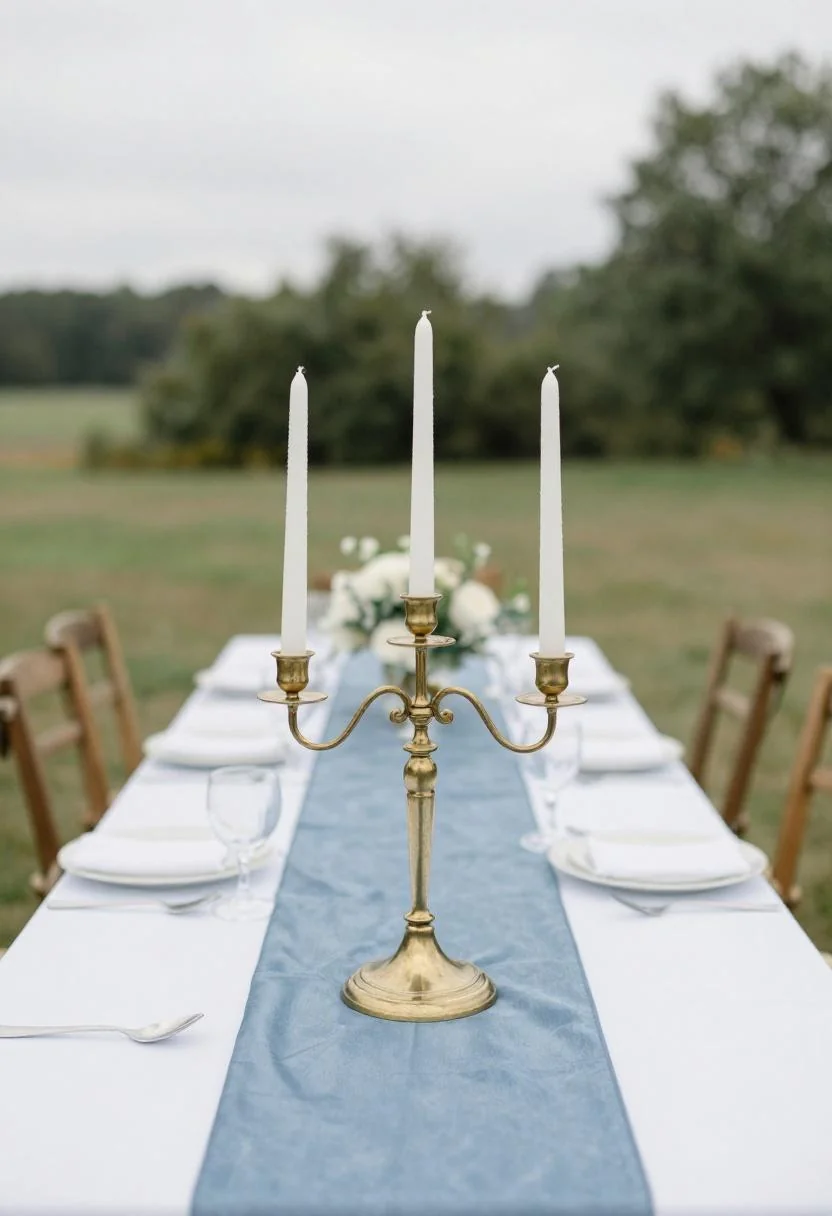 Brass arch candelabra with white taper candles on a cool blue silk table runner