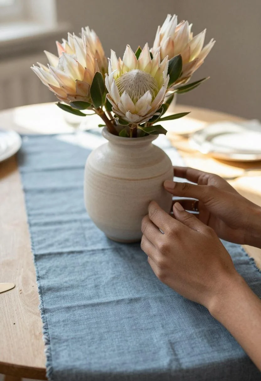 Stoneware vase with blush protea on a plum noir mudcloth swatch