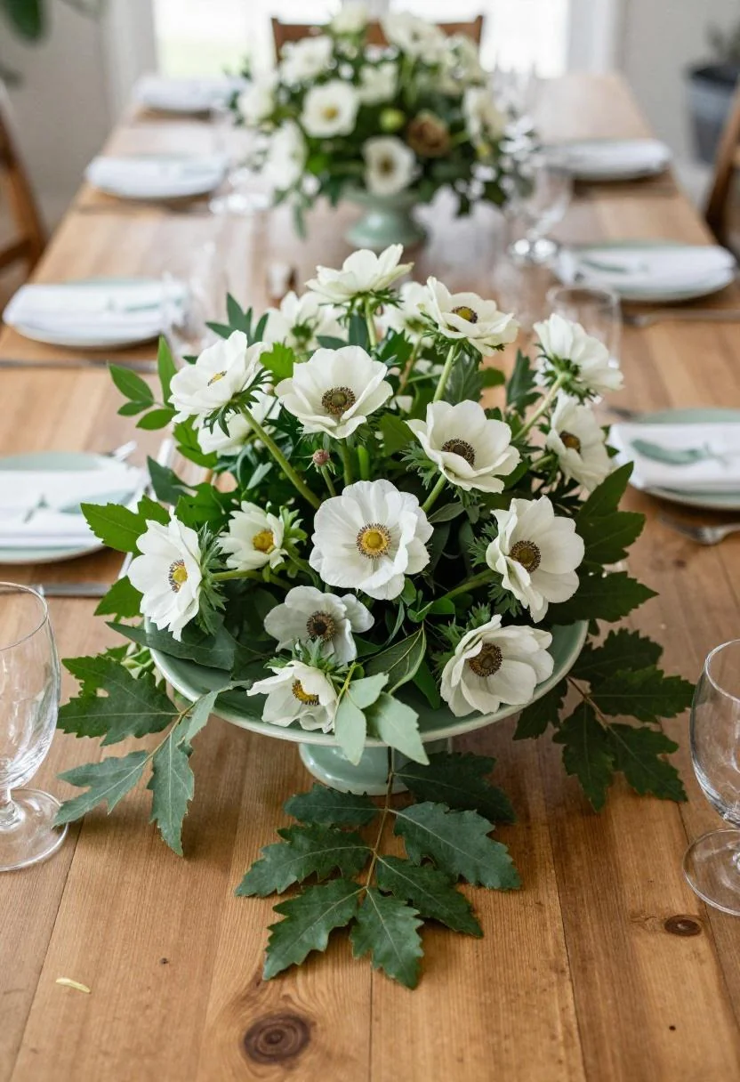Jade ceramic compote with white anemones and fig leaves on bleached oak surface