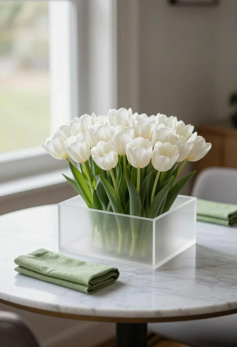 Frosted acrylic box with white tulips beside a wasabi green linen napkin on marble
