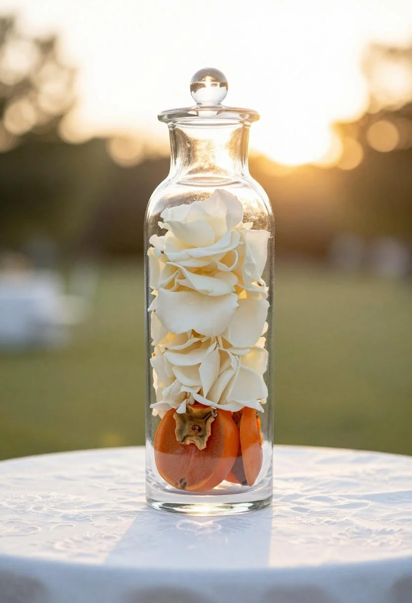 Glass apothecary jar filled with rose petals and persimmon slices on damask linen
