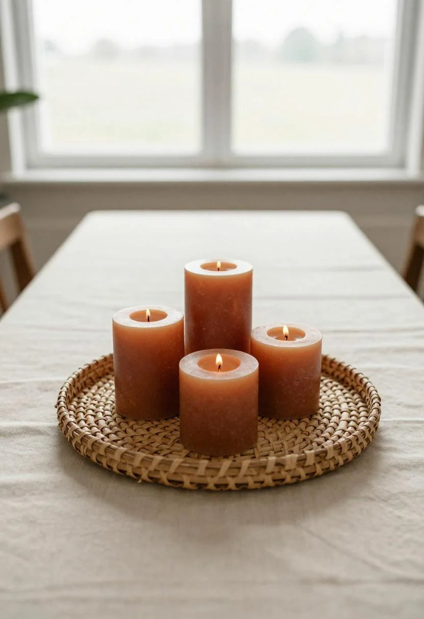 Seagrass tray with terracotta beeswax candle cluster on raw cotton tablecloth