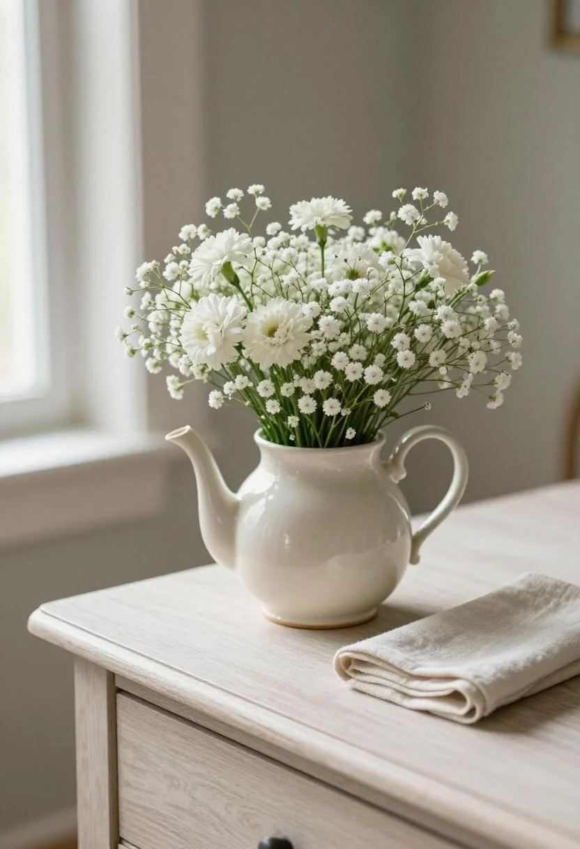Cream porcelain teapot vase with sweet williams and baby's breath on pale oak surface