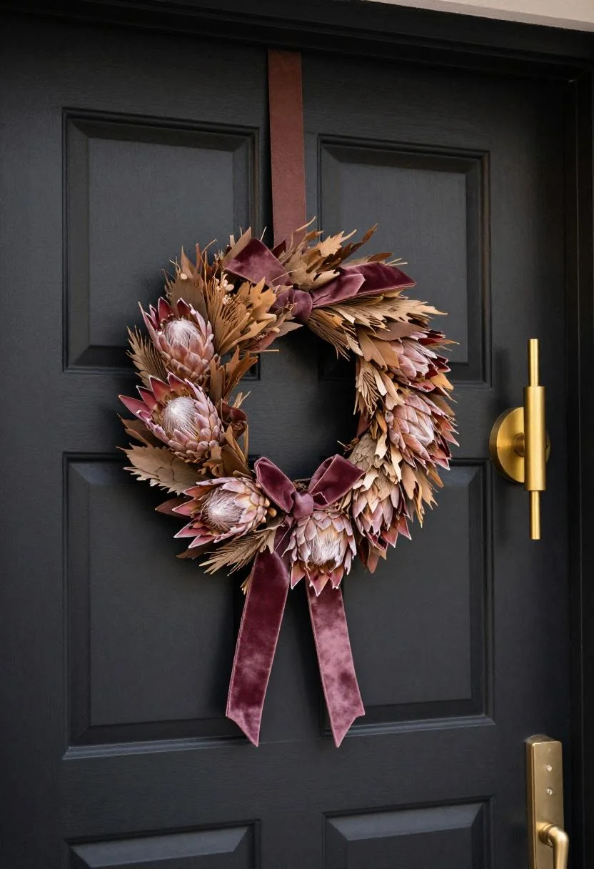 Neo Deco plum velvet and protea wreath on a matte black door with a brass sconce