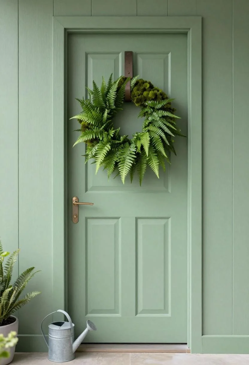 Jade green fern and moss wreath on a sage door with a watering can to the side