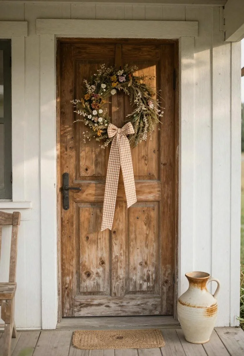 Cottagecore wasabi gingham ribbon and wildflower wreath on a weathered pine door