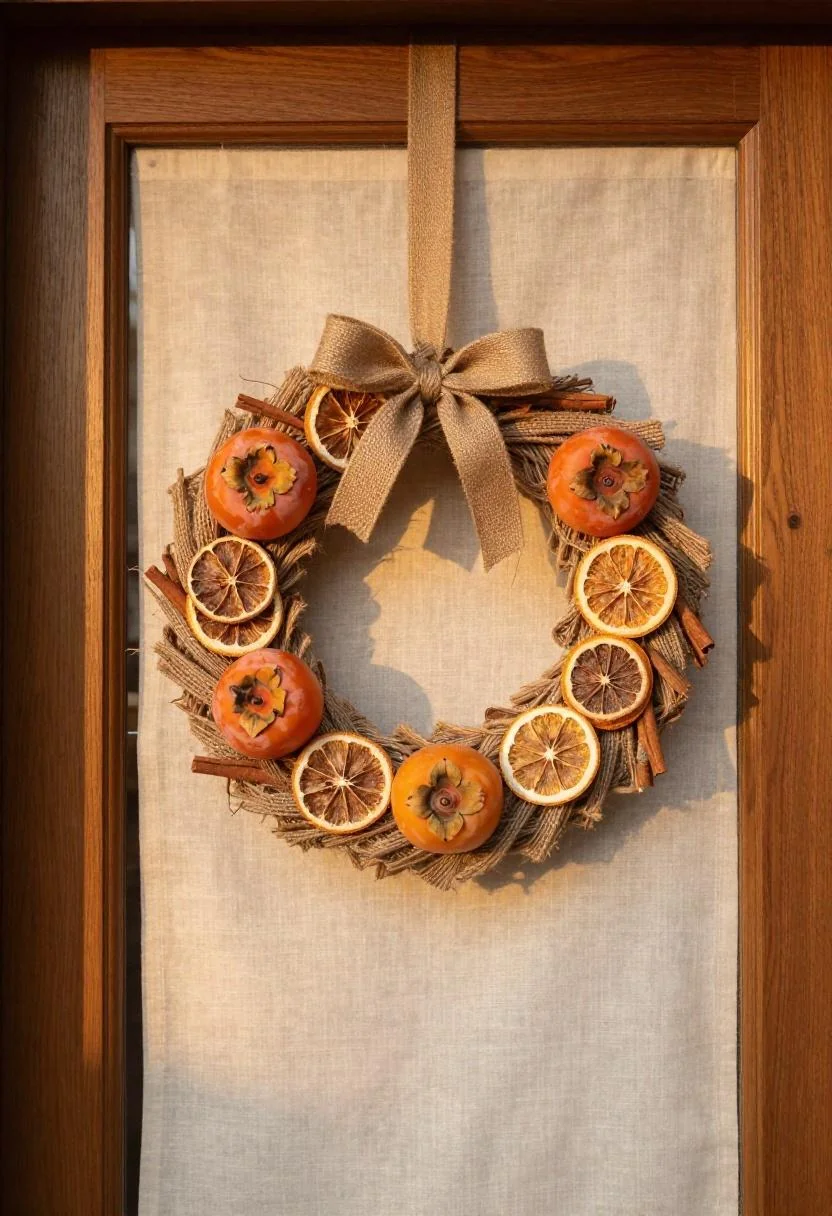 Persimmon jute wreath with dried citrus and cinnamon on a cream linen-paneled door