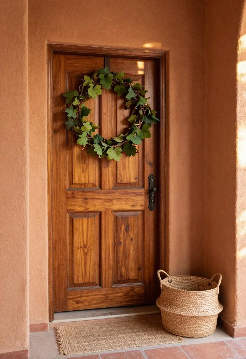 Afrohemian terracotta mudcloth grapevine wreath on a carved mahogany door with a raffia basket