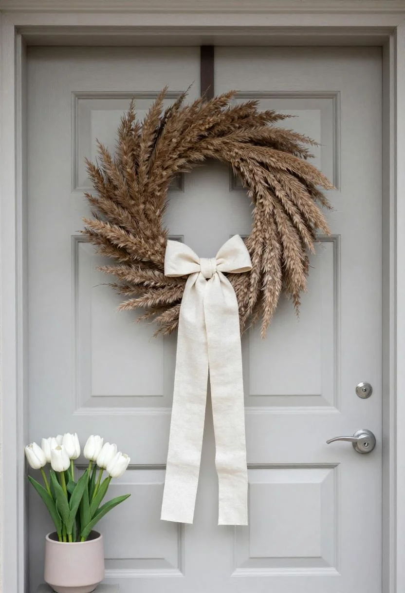 Cream white linen and pampas wreath on a dove-grey door with a tulip pot to the side