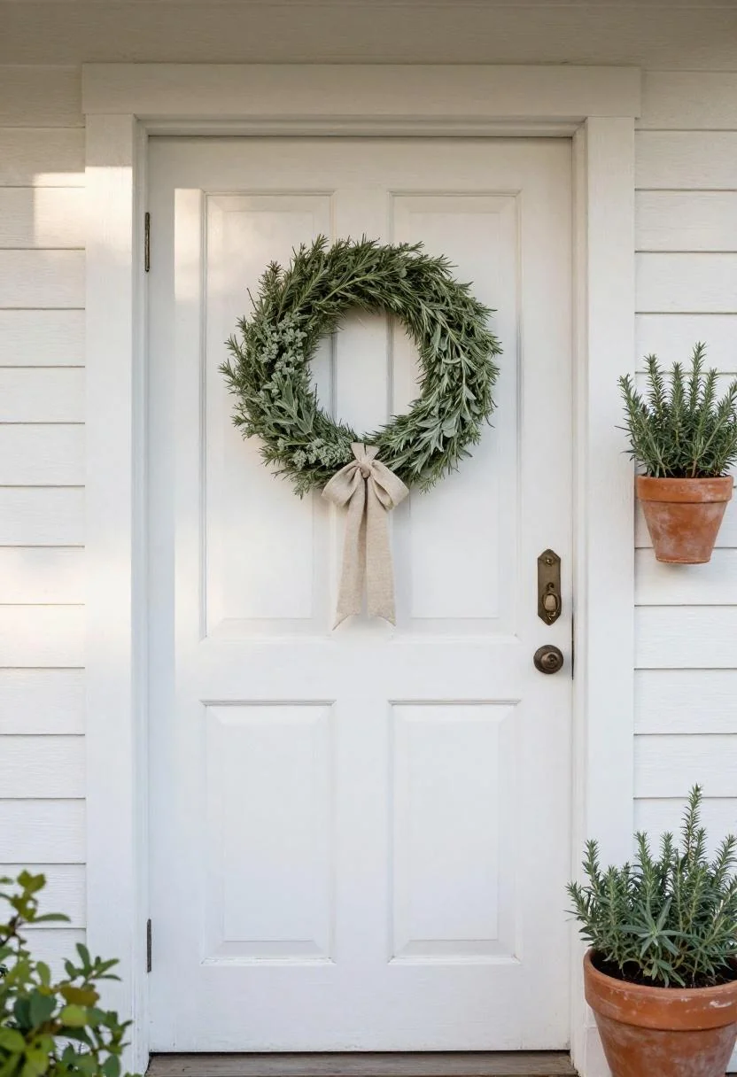 Cottagecore sage green dried herb wreath on an aged white door with a side herb pot