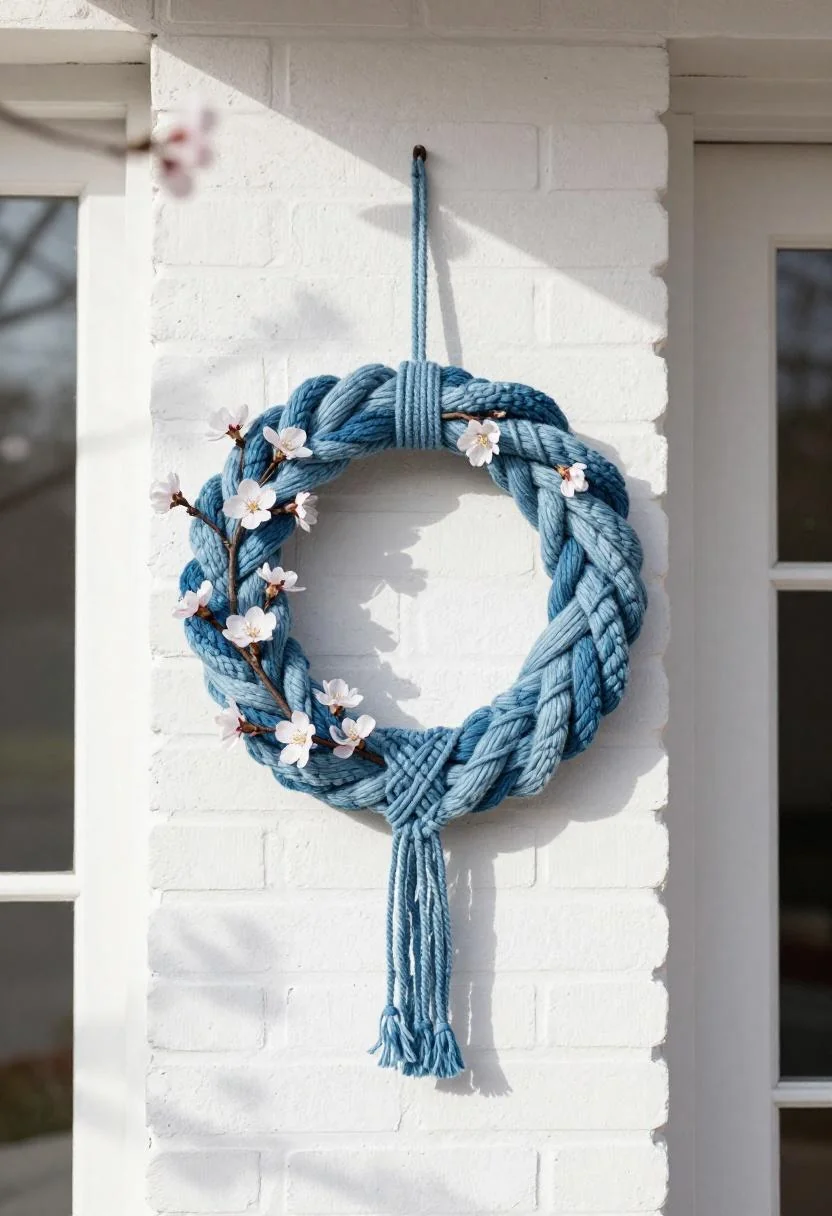 Cool blue macramé wreath with cherry blossom sprigs on a whitewashed brick entryway wall