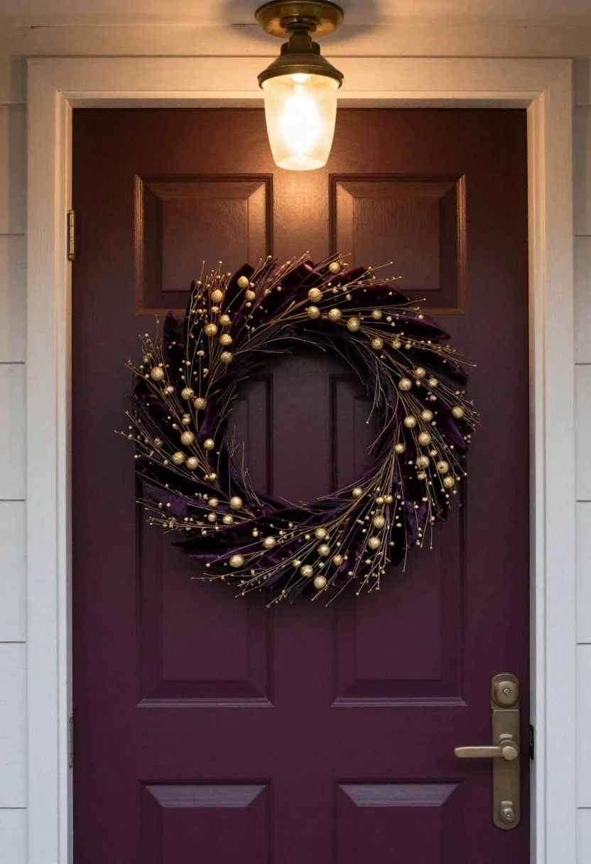 Neo Deco plum velvet wreath with gilded seed pods on a charcoal front door