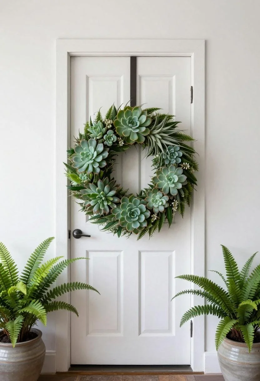 Jade green succulent wreath on a whitewashed door with ceramic fern pots at the step sides