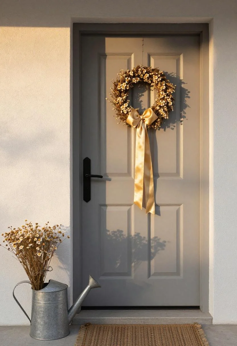 Wasabi silk ribbon and chamomile wreath on a grey door with a vintage steel watering can